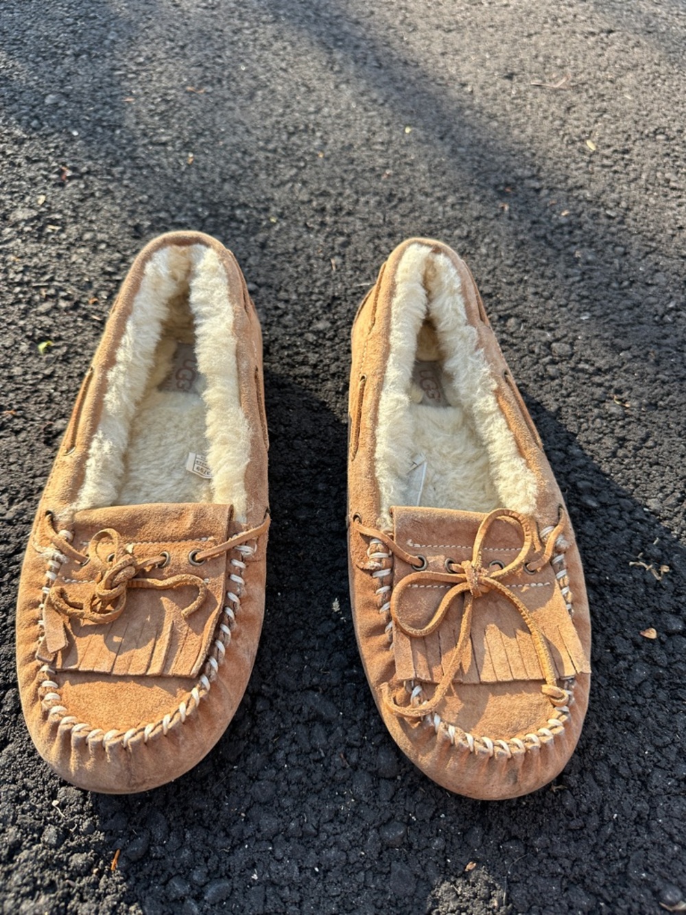 UGG Chestnut Brown Suede Moccasin Slippers with Shearling Lining